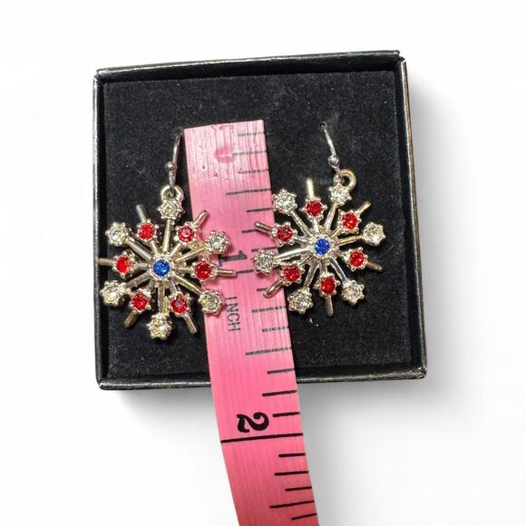 Snowflake Drop Earrings Red White Blue Rhinestone Holiday Dangle Earrings Gift - Picture 2 of 5